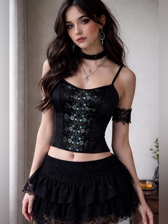 Victoria's Secret Other - Vintage Victoria’s Secret Black Floral Embroidered Corset Whimsigoth Fairy 90s